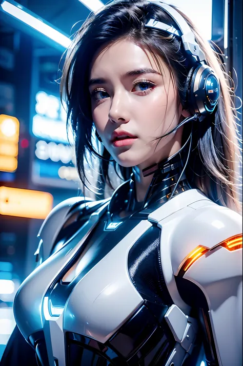 best quality，masterpiece，16k，1girl,blue eyes,glowing,looking at viewer,parted lips,realistic,chest glow,silver all metal mecha,n...