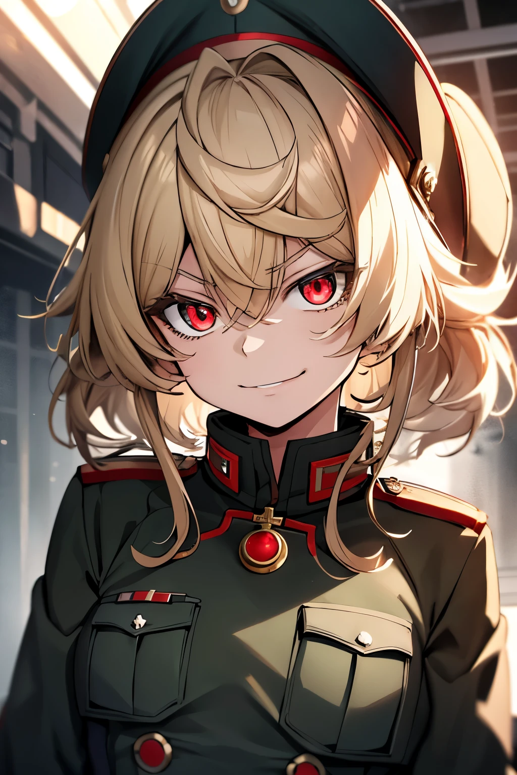 (masterpiece, best quality: 1.1), 1girl solo, tanya, 1girl, solo, , flat chest, small breasts, curvy, military, military uniform, ,, evil smile, wicked expression, anger, red eyes, neutral lighting