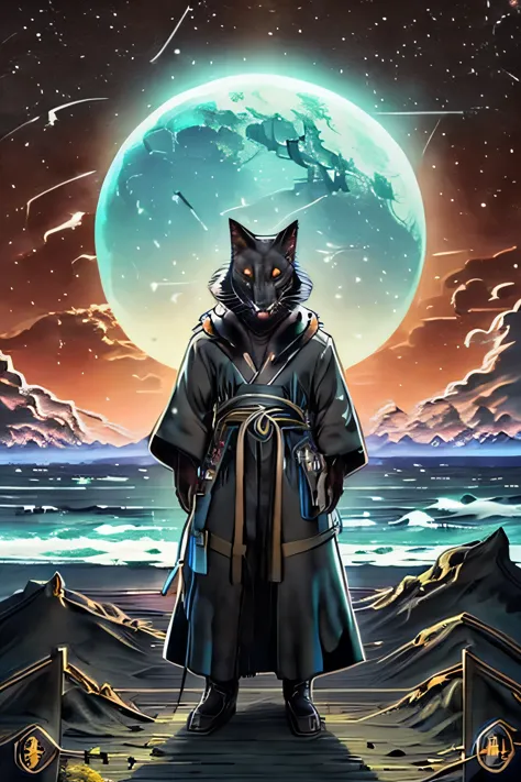Black furred fox man wearing robes in a crucifix pose in front of a sea of stars