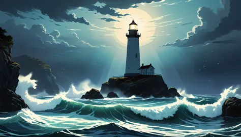 lighthouse, bright light, dark sea, dark night, shimmering waves, swirling mist, distant horizon, solitary structure, guiding be...