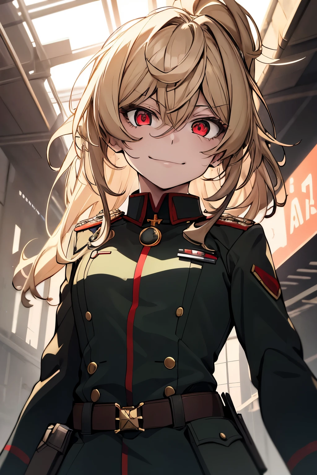 (masterpiece, best quality: 1.1), 1girl solo, tanya, 1girl, solo, , flat chest, small breasts, curvy, military, military uniform, ,, evil smile, wicked expression, anger, red eyes, neutral lighting