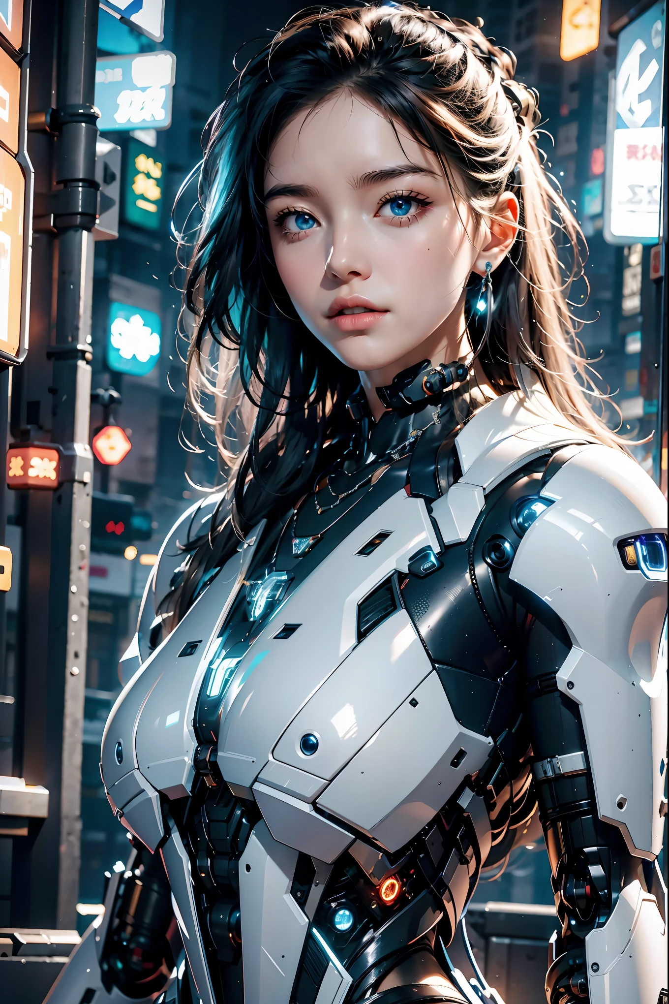 best quality，masterpiece，16k，1girl,blue eyes,glowing,looking at viewer,parted lips,realistic,Chest Glow,Silver all metal mecha,necklace,Black to white gradient hair,Full body mecha,Positive close-up,Silver glowing mecha on chest,science fiction,short hair,solo,upper body,Mecha,Hard surface,Streamlined mecha,Realistic materials,Glowing mecha,Multi light source mecha,night,Neon lights