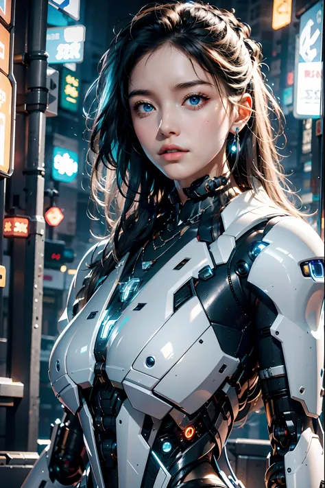 best quality，masterpiece，16k，1girl,blue eyes,glowing,looking at viewer,parted lips,realistic,Chest Glow,Silver all metal mecha,n...