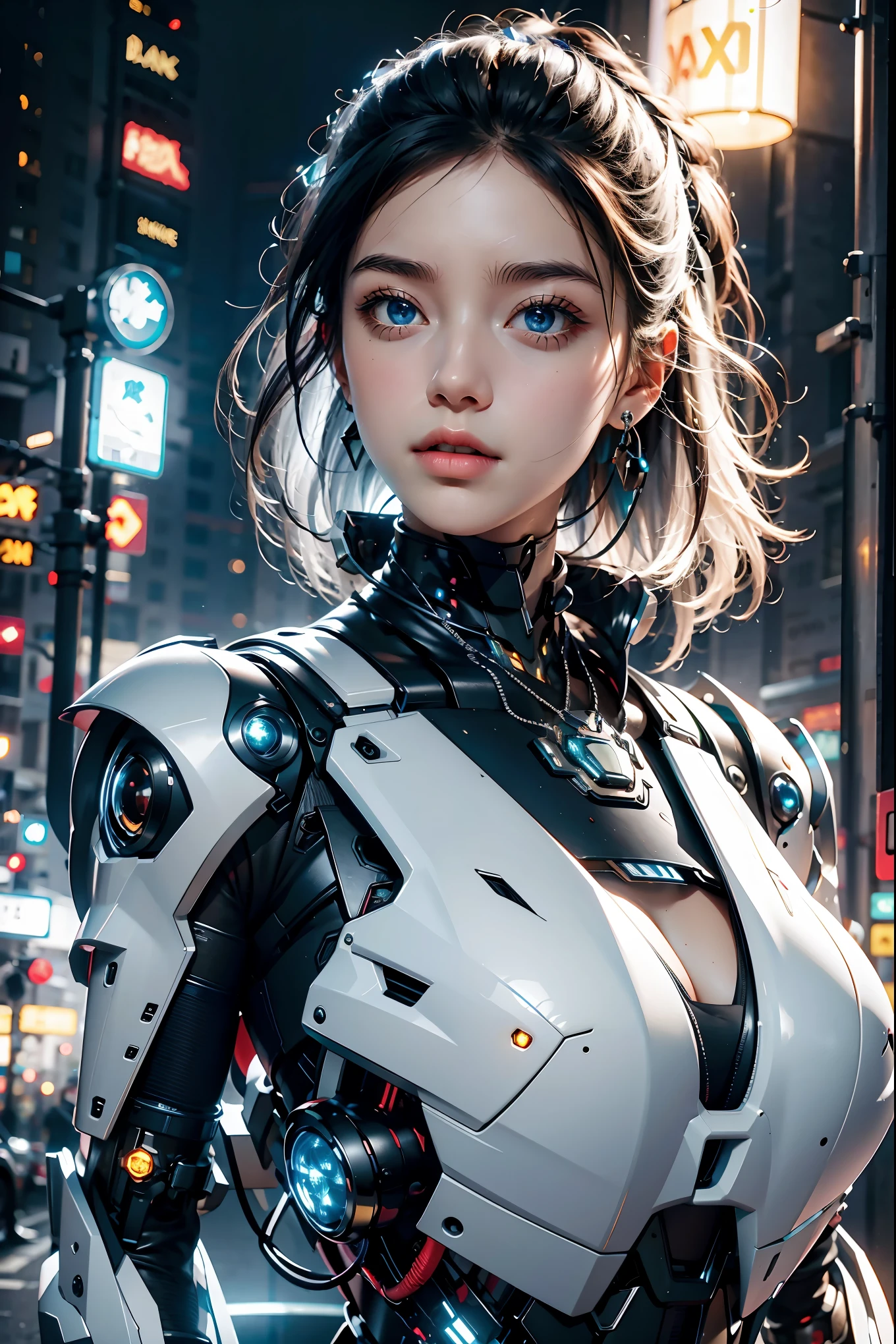 best quality，masterpiece，16k，1girl,blue eyes,glowing,looking at viewer,parted lips,realistic,Chest Glow,Silver all metal mecha,necklace,Black to white gradient hair,Full body mecha,Positive close-up,Silver glowing mecha on chest,science fiction,short hair,solo,upper body,Mecha,Hard surface,Streamlined mecha,Realistic materials,Glowing mecha,Multi light source mecha,night,Neon lights
