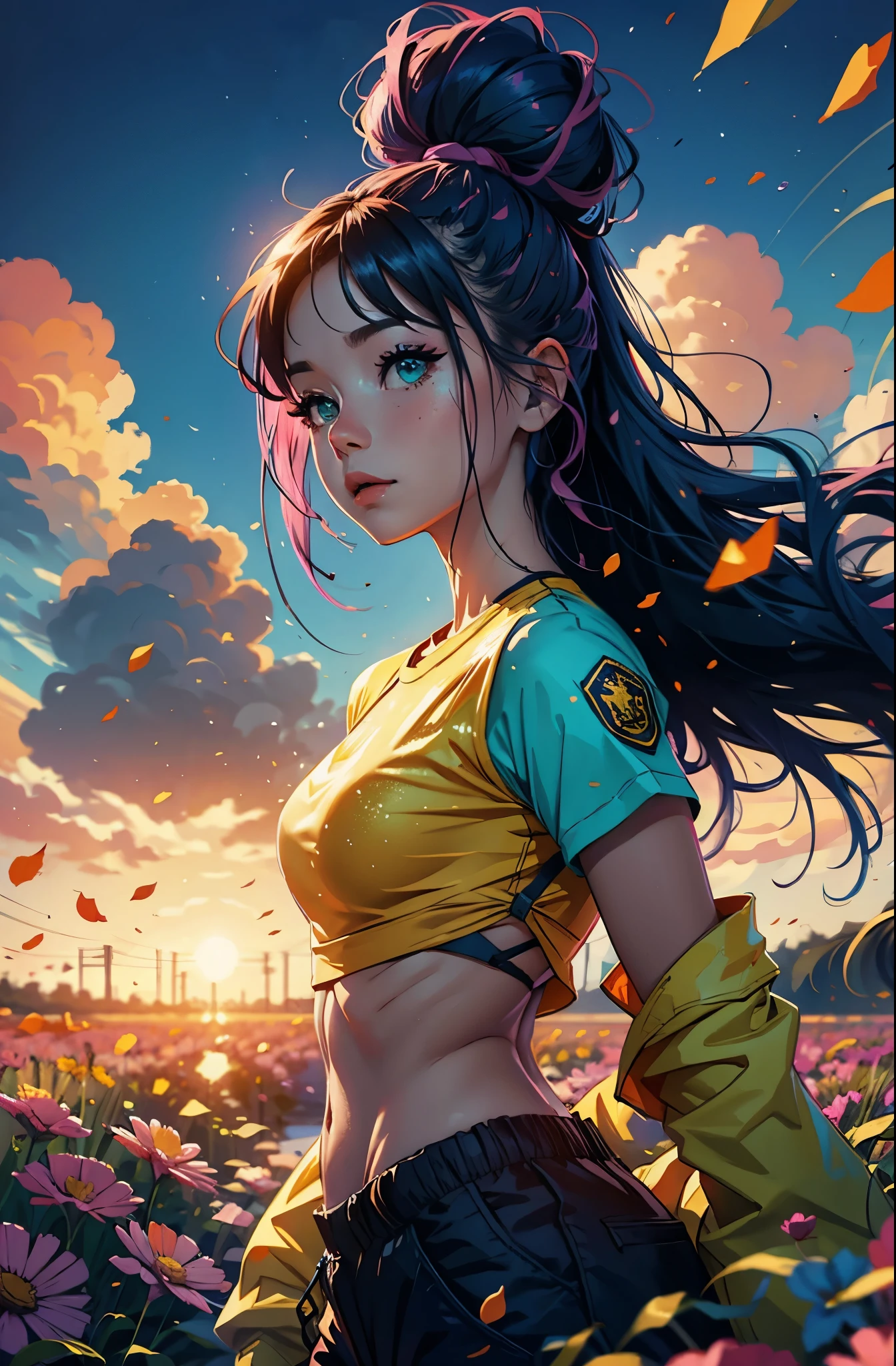 award winning digital art, half body portrait of a beautiful woman in a pink crop top and cargo pants with navy blue teal hairstyle with head in motion and long hair flying, in a flower field, golden sunset, particles dust, glitter, paint splashes, splatter, outrun, vaporware, shaded flat illustration, digital art, trending on artstation, highly detailed, fine detail, intricate