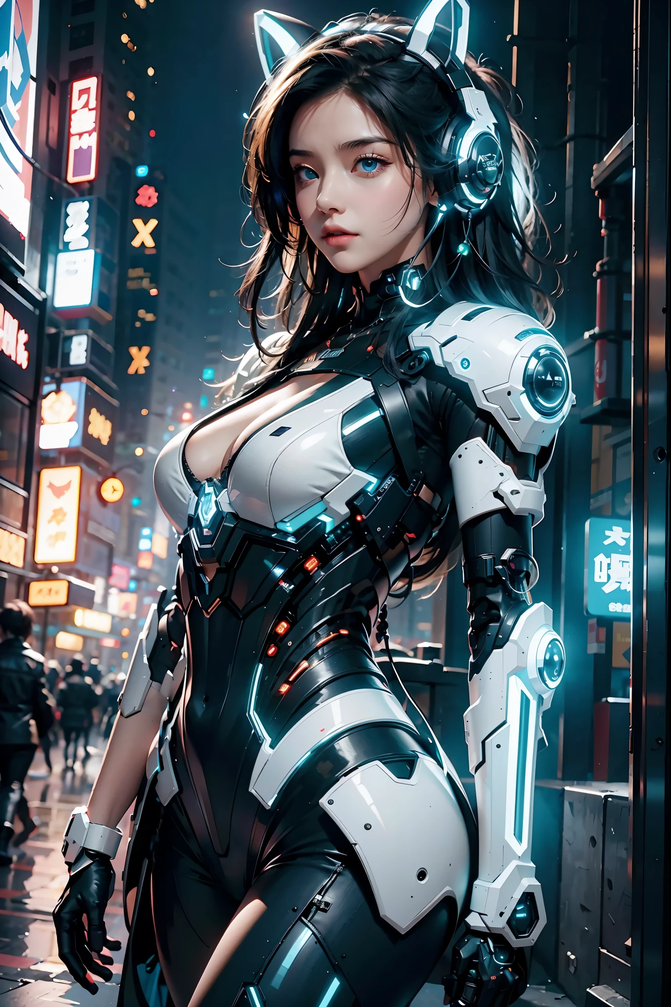 best quality，masterpiece，16k，1girl,blue eyes,blurry background,cyberpunk,glowing,headphones,Oblique side close-up,Full body black and white mecha,Luminous mechanical cat ears,Half exposed chest,Complex mecha structure,The side of the waist is exposed,A huge headphone receiver,A super complex and precision structured robotic arm,medium breasts,cleavage,solo,upper body,Mecha,Hard surface,Realistic materials,Luminous earphones,Glowing mecha,Multi light source mecha,night,Urban background, neon lights, skyscrapers