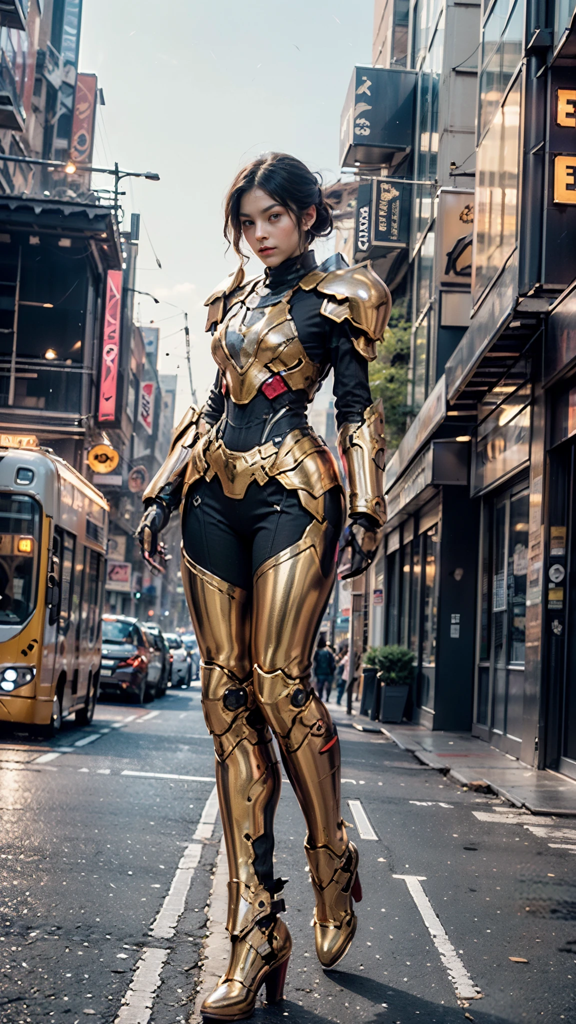 A woman adorned in fantasy-style full-body armor, a crown-concept fully enclosed helmet that unveils only her eyes, a composite layered chest plate, fully encompassing shoulder and hand guards, a lightweight waist armor, form-fitting shin guards, the overall design is heavy-duty yet flexible, ((the armor gleams with a golden glow, complemented by red and blue accents)), exhibiting a noble aura, she floats above the Futuristic city, this character embodies a finely crafted fantasy-surreal style armored hero in anime style, exquisite and mature manga art style, (Queen bee mixed with Spider concept Armor, photorealistic:1.4, real texture material:1.2, professional photo, cinematic), ((city night view, element, energy, elegant, goddess, femminine:1.5)), metallic, high definition, best quality, highres, ultra-detailed, ultra-fine painting, extremely delicate, anatomically correct, symmetrical face, extremely detailed eyes and face, high quality eyes, creativity, RAW photo, UHD, 32k, Natural light, cinematic lighting, masterpiece-anatomy-perfect, masterpiece:1.5