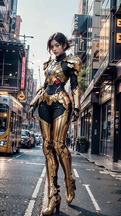 A woman adorned in fantasy-style full-body armor, a crown-concept fully enclosed helmet that unveils only her eyes, a composite ...