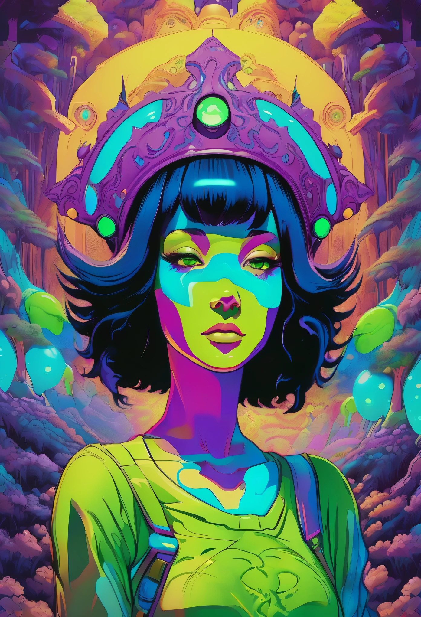 portrait | wide angle shot of eyes off to one side of frame, lucid dream-like woman, looking off in distance ::8 style | daydreampunk with glowing skin and eyes, styled in headdress, beautiful, she is dripping in neon lights, very colorful blue, green, purple, bioluminescent, glowing ::8 background | forest, vivid neon wonderland, particles, blue, green, purple ::7 parameters | rule of thirds, golden ratio, assymetric composition, hyper- maximalist, octane render, photorealism, cinematic realism, unreal engine, 8k