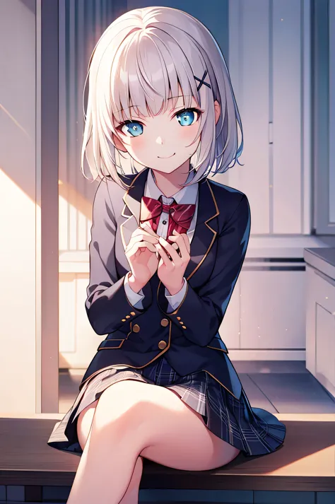 detectivelunch break, smile, short hair, bangs, blue eyes, shirt, hair accessories, long sleeves, skirt, bow, white hair, hairpi...