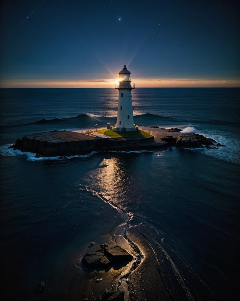 Farol,cênico,Mar calmo,noite,céu estrelado,ondas ao luar,Costa rochosa,distant horizon,Farol da Esperança,iluminação dramática,estrutura isolada,serenidade,reflexão