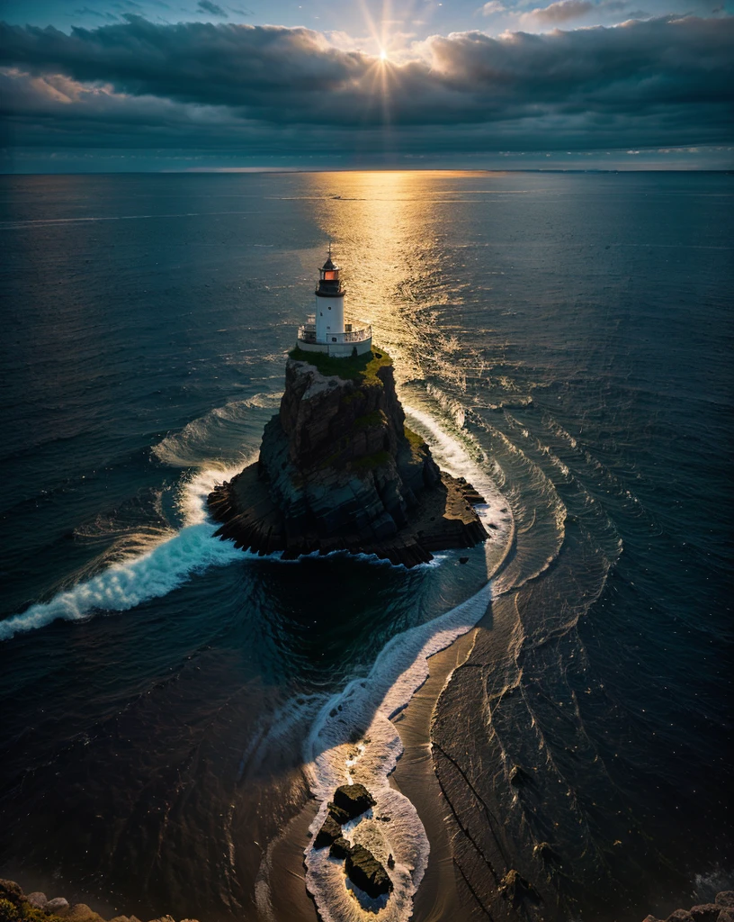 faro,escénico,mar en calma,Noche,Cielo lleno de estrellas,Olas iluminadas por la luna,Orilla rocosa,horizonte lejano,Faro de esperanza,iluminación dramática,estructura aislada,serenidad,reflexión