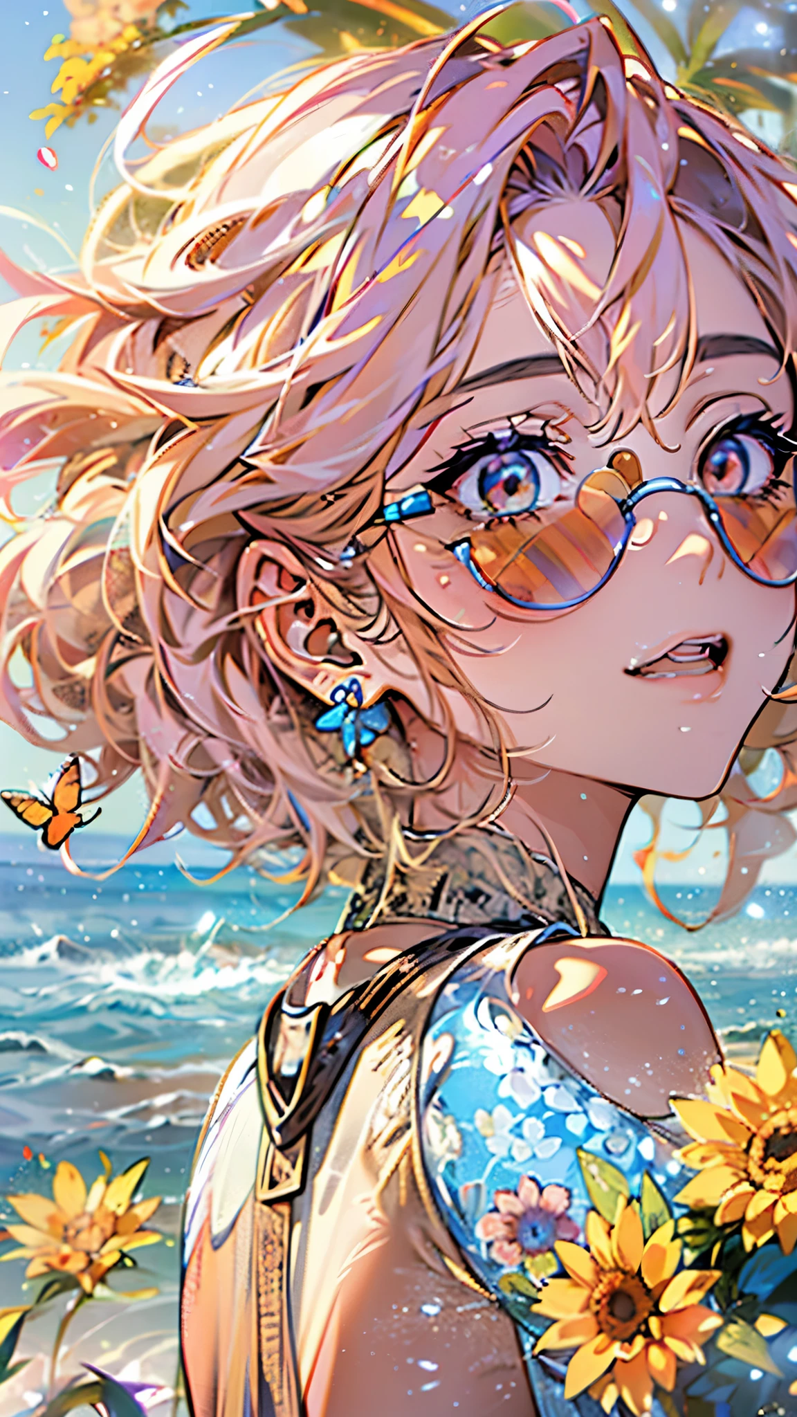 ((8K resolution))、((highest quality))、((masterpiece))、((Super detailed))((((dramatic))),woman、sunglasses、double teeth、short hair、blonde、tattoo、bikini、Image colorBlue、Ocean、blue sky、butterfly、sunflower、erase the shadow、colorful、character concept、anime、(focus on character)