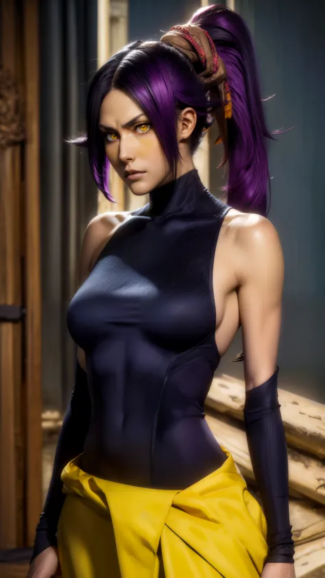 yoruichishihouin, yoruichi shihouin, long hair, (yellow eyes:1.5), ponytail, purple hair, dark skin, dark-skinned female,
BREAK ...