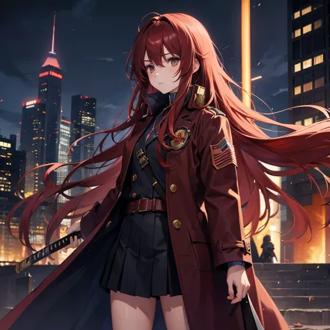 woman, red long hair, messy hair, brown eyes, light in eyes, woman's overcoat, blue katana, uniform clothes, dark city broken ba...