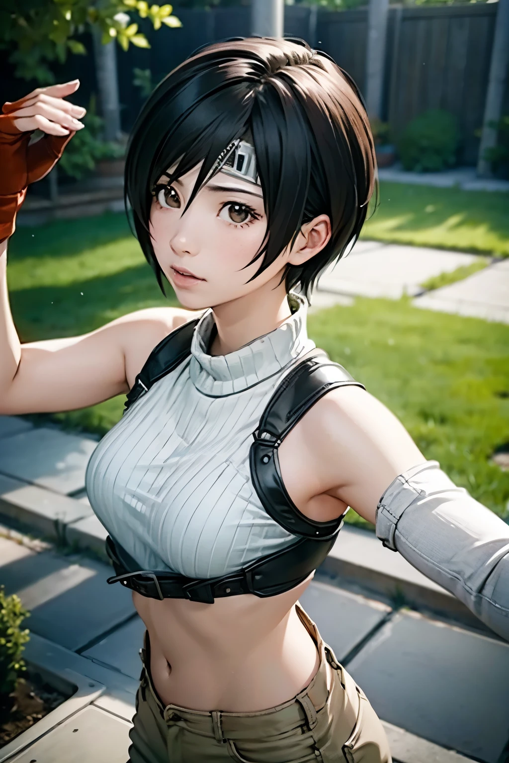 (Yuffie Kisaragi, final fantasy 7, disorganized, treble range, Super detailed), (cinematic), (Hmm), alone, spring, garden, close your mouth, (cinematic, highest quality, Hmm), ((official art)), ((pop art))profile, simple cabin, detailed face, (very fine eyes), ((noble))