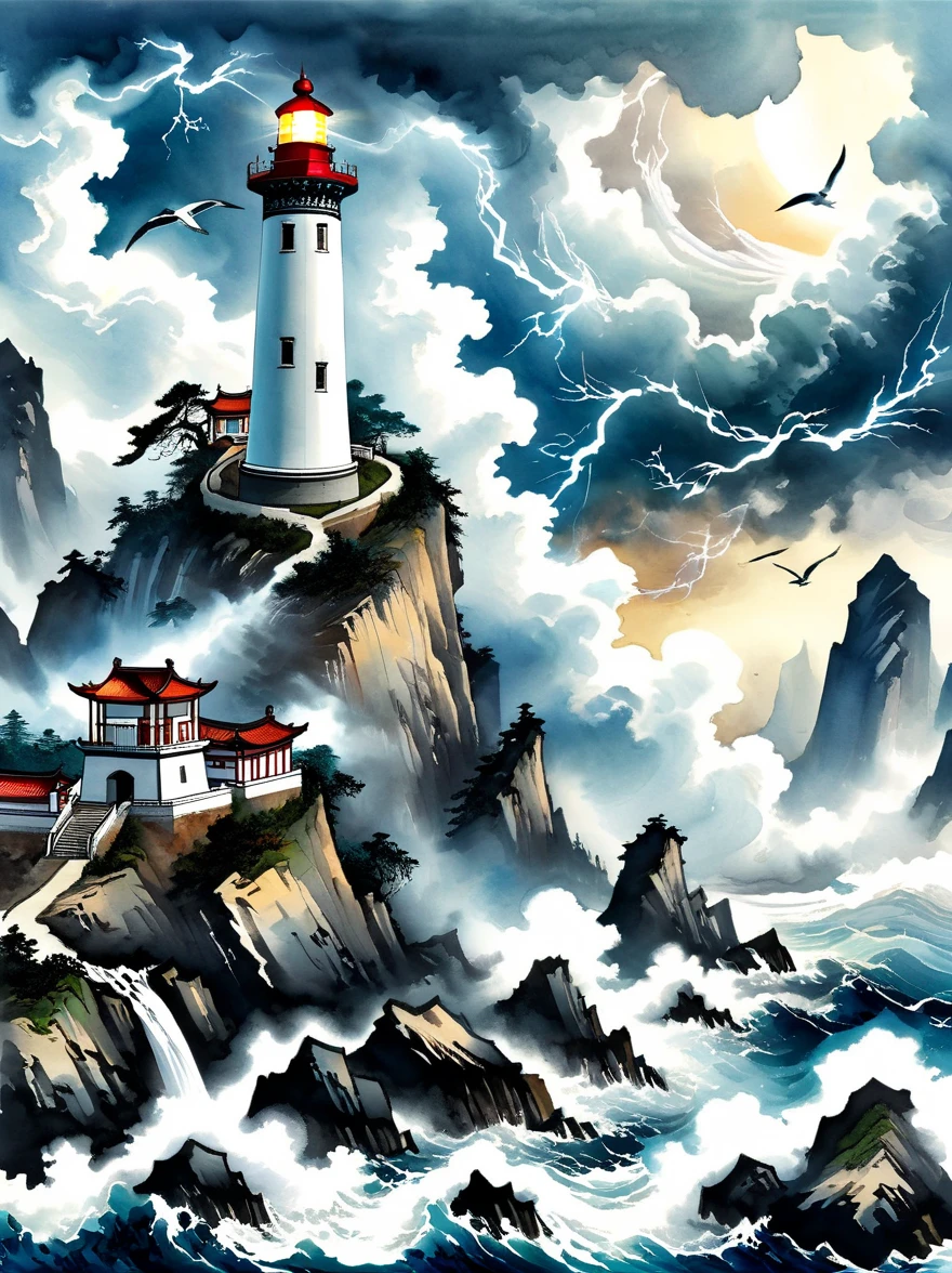 (close up:1.8)，Super detailed，((Chinese ink style:1.5))，Chinese dream landscape，violent storm, sea, isolated island, (lighthouse:1.5), Light, lost ship, huge waves, cliff, (pure white tower), (Tower top lighting), A ray of hope, lighthouse看守人, (Old captain), seagull, swirl, lightning, shivering, The power of nature, human tenacity, Selfless dedication，magical atmosphere，Thrilling and tense scenes，Surreal and ethereal colors、textured landscape、otherworldly environment、magnificent view、Hazy and mysterious atmosphere、dramatic light and shadow、Unique rock formations、Thrilling sense of adventure、Amazing natural wonders、A sense of grandeur and scale，Endless possibilities to explore，明亮的lighthouse，(高细节lighthouse外观，雄伟的lighthouse:1.5)