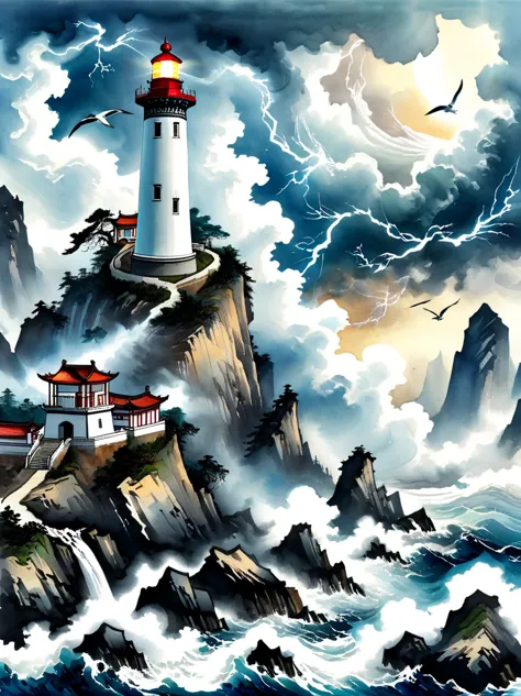 (close up:1.8)，Super detailed，((Chinese ink style:1.5))，Chinese dream landscape，violent storm, sea, isolated island, (lighthouse...