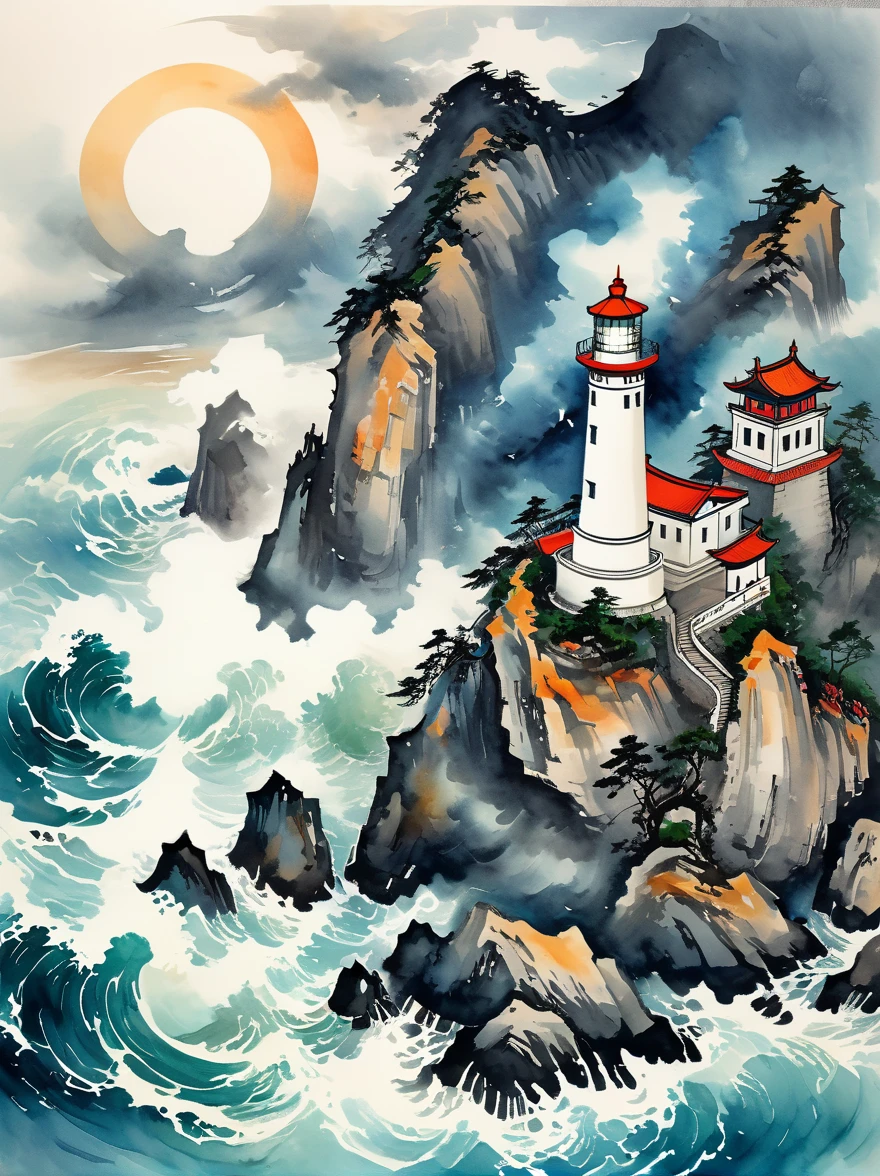 (close up:1.8)，Super detailed，((Chinese ink style:1.5))，Chinese dream landscape，violent storm, sea, isolated island, (lighthouse:1.5), Light, lost ship, huge waves, cliff, (pure white tower), (Tower top lighting), A ray of hope, lighthouse keeper, (Old captain), seagull, swirl, lightning, shivering, The power of nature, human tenacity, Selfless dedication，magical atmosphere，Thrilling and tense scenes，Surreal and ethereal colors、textured landscape、otherworldly environment、magnificent view、Hazy and mysterious atmosphere、dramatic light and shadow、Unique rock formations、Thrilling sense of adventure、Amazing natural wonders、A sense of grandeur and scale，Endless possibilities to explore，Bright lighthouse，(High-detail lighthouse exterior，Majestic lighthouse:1.5)