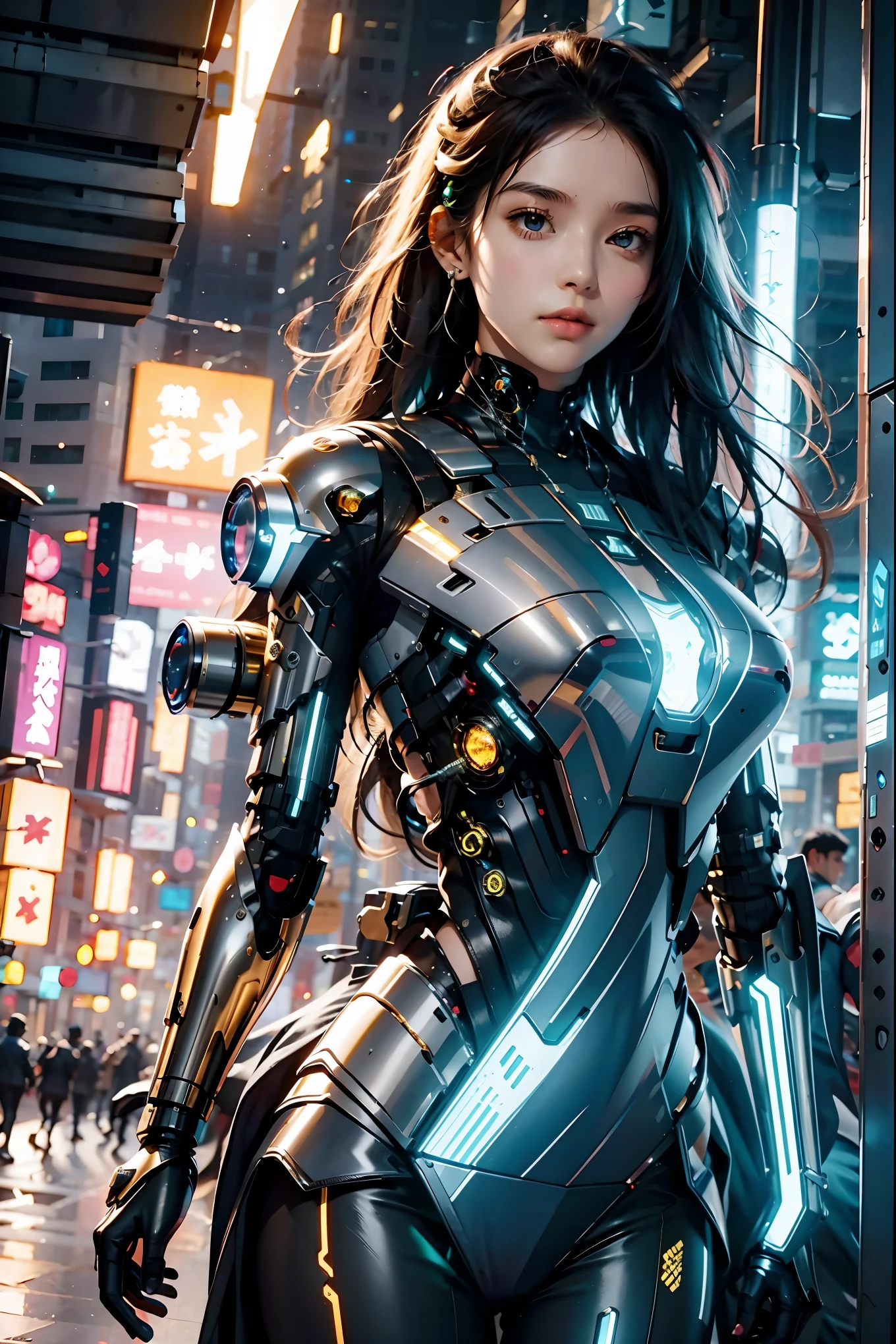 best quality，masterpiece，16k，1girl,blurry background,cyberpunk,cyborg,glowing,long hair,looking at viewer,Mechanical Hand,Silver metal mecha,Vertical yellow glowing stripes on the abdomen,Robot arm,Upper body,The forearm emits green light,outdoors,Abdominal and waist fabric clothing,Above the buttocks,Micro lateral body,With one hand resting on the shoulder,medium breasts,science fiction,solo,Mecha,Hard surface,Streamlined mecha,Realistic materials,Glowing mecha,Multi light source mecha,night,Urban background