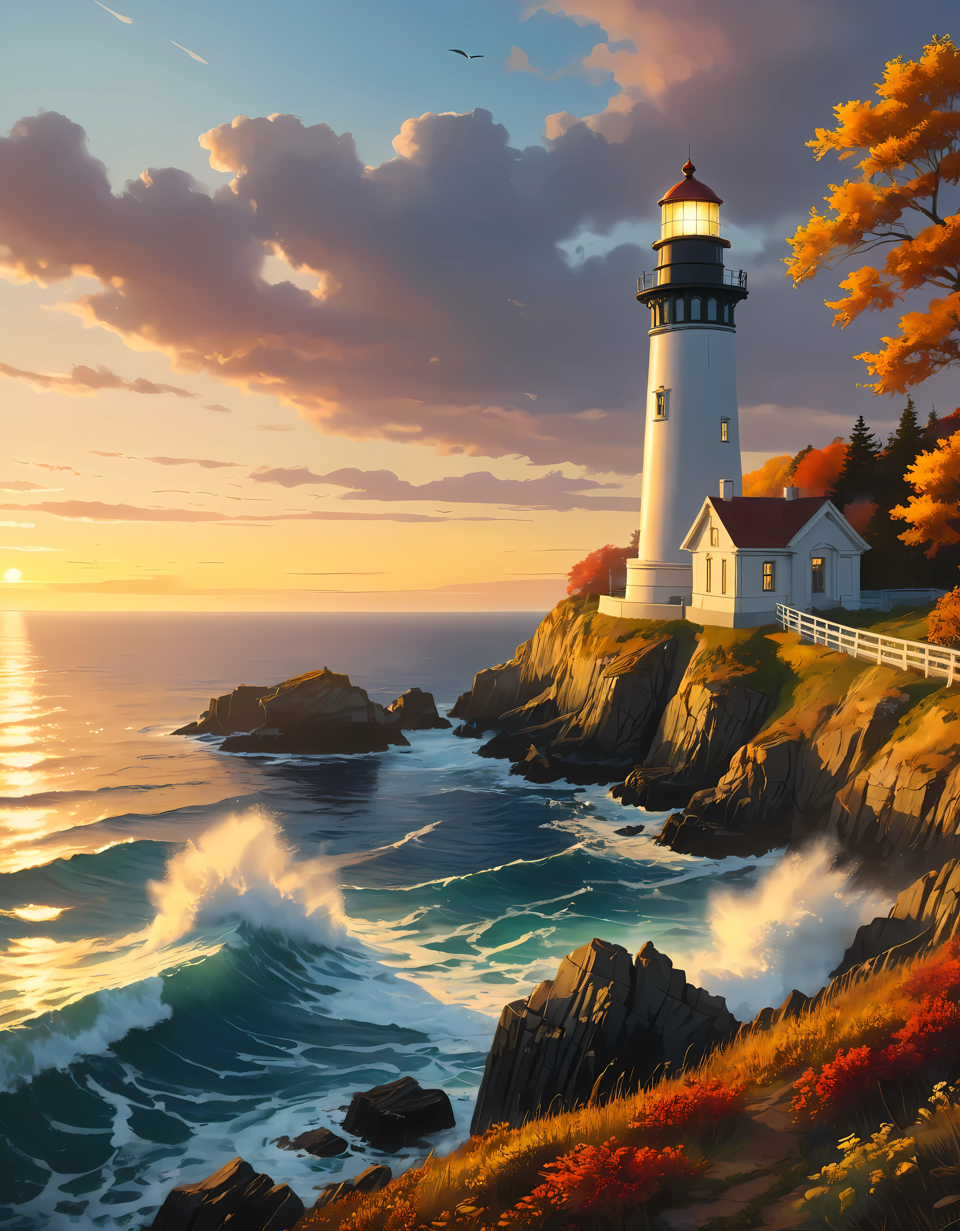 崖から灯台が見渡せ、広大な海が見える, 夕日の光を浴びる魅惑的な灯台,((ゴールデンアワータイム):1.2),((雄大な風景):1.2),((秋の夕焼け空):1.1),繊細なゴールデンアワーの光, 素晴らしい壁紙, 美しい環境, 楽観的なマットペインティング, 美しいデジタルアート, 美しく緻密なシーン, UHD地下, UHD 風景, 壮大なコンセプトアート, 美しい灯台. |(最大16K解像度の傑作), 最高の品質, (非常に詳細な CG Unity 16k 壁紙品質),(柔らかい色の 16K の非常に詳細なデジタル アート),非常に詳細な. | 完璧な画像,16k UE5,公式絵画, 超微細, 被写界深度, コントラストなし, 鮮明でシャープなフォーカス, プロ, ぼかしなし. | (((もっと詳しく))).
