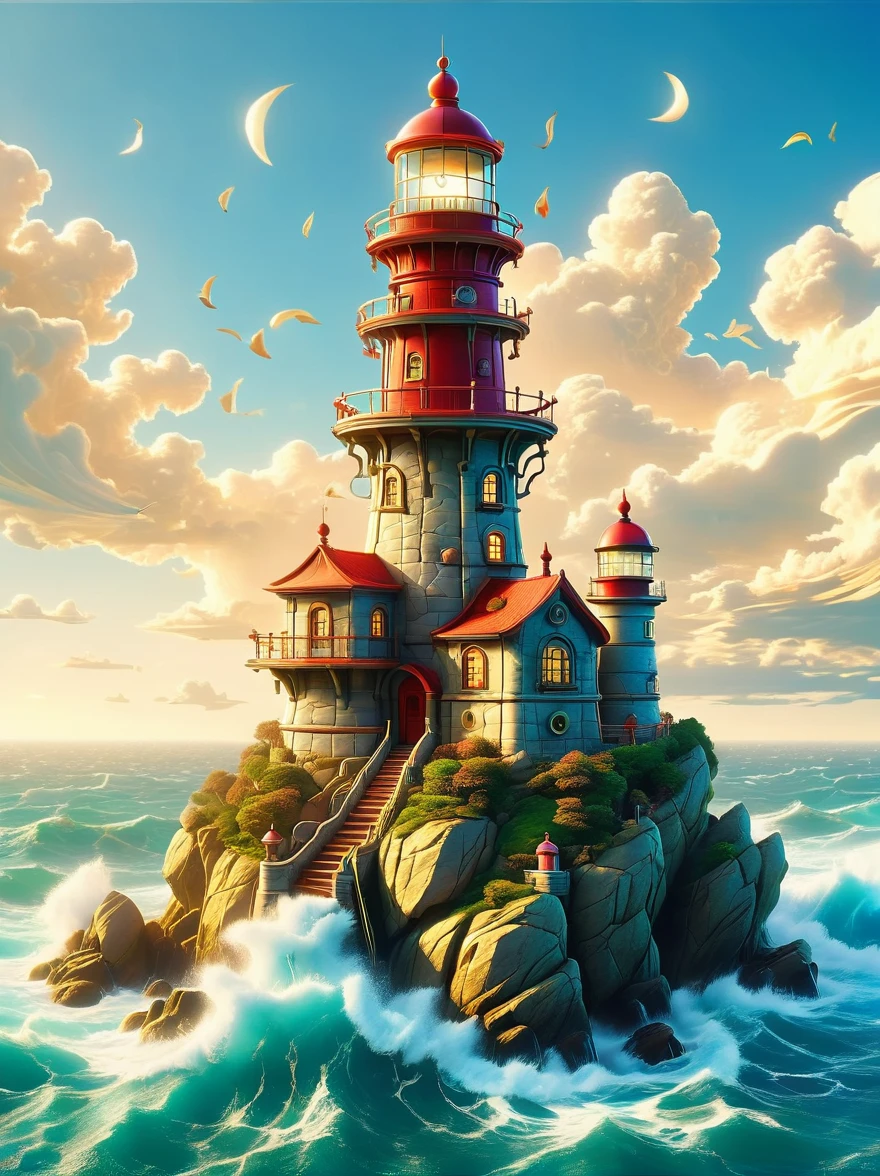 Lovely lighthouse made in Persian architectural style，huge waves，cliff，(light on top of lighthouse)，3D style，lbender，Cute surface color，The strongest in the universe，Lead navigation，future technology，mechanical lighthouse，Studio Ghibli style，clean background，Simple