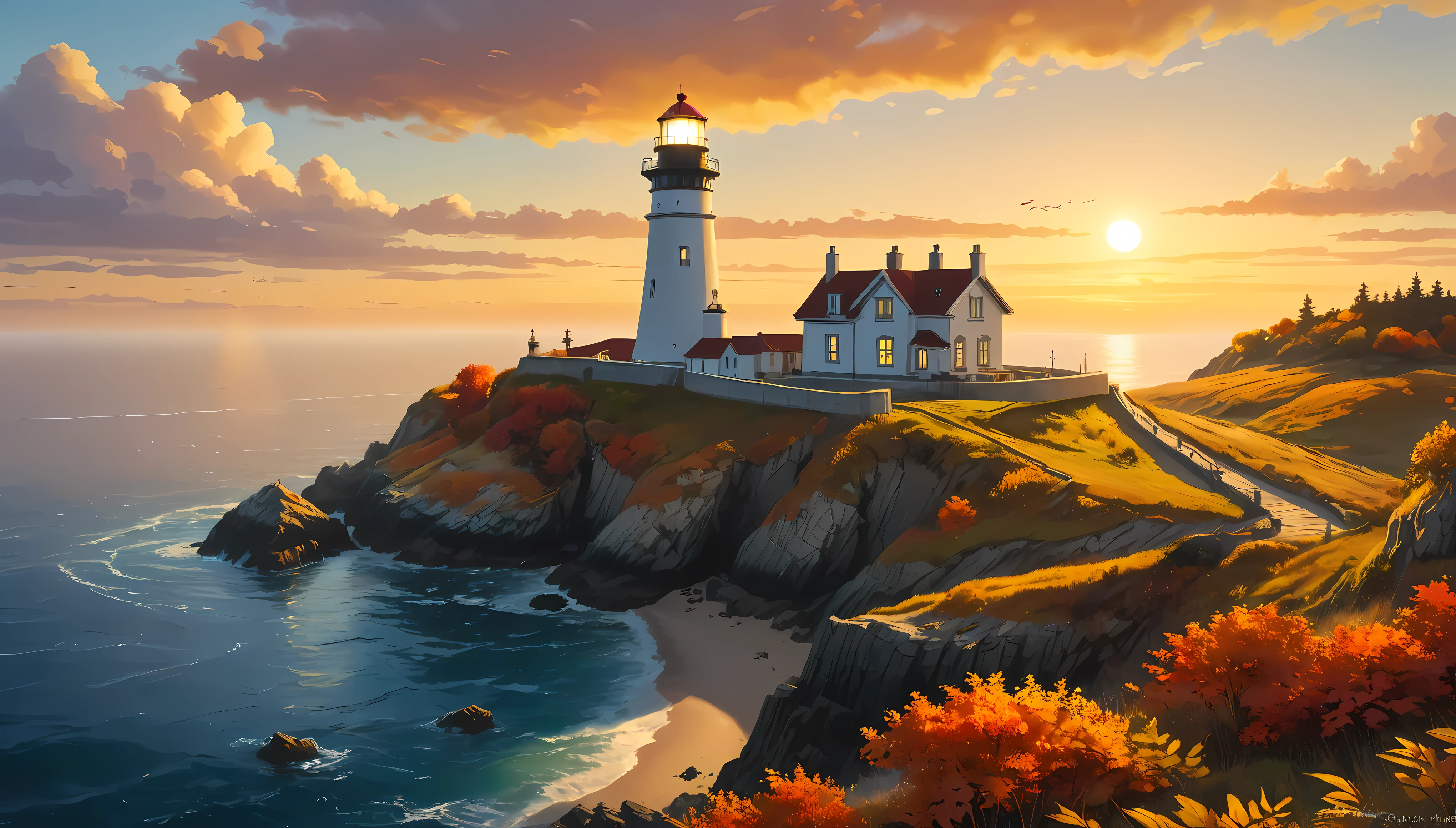 A cliff overlooks a Lighthouse with view of the vast ocean, mesmerizing Lighthousebathed by Sunset light,((golden hour time):1.2),((Majestic Landscape):1.2),((Sunset sky at autumn):1.1),delicate golden hour light, amazing wallpapers, beautiful surroundings, optimistic matte painting, Beautiful digital artwork, Beautiful and detailed scenes, UHD underground, UHD landscape, Majestic concept art, beautiful Lighthouse. |(Masterpiece in maximum 16K resolution), the best quality, (very detailed CG unity 16k wallpaper quality),(Soft colors 16k highly detailed digital art),Super Detailed. | Perfect image,16k UE5,official painting, superfine, Depth of field, no contrast, clean sharp focus, professional, No blurring. | (((More detail))).