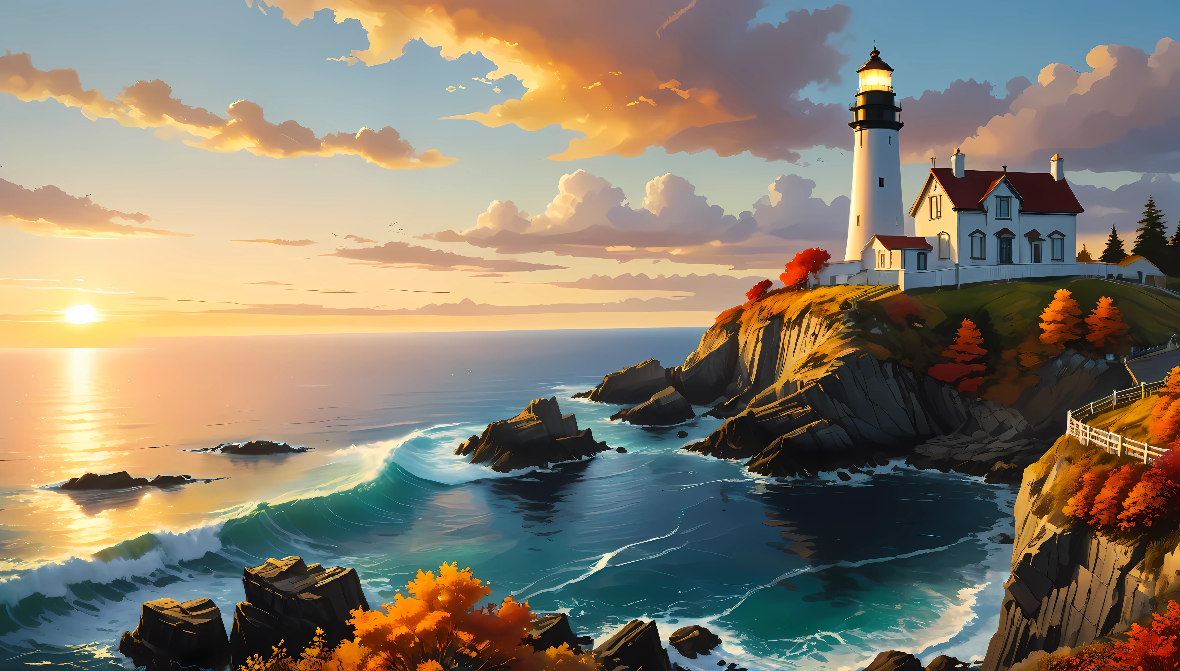 A cliff overlooks a Lighthouse with view of the vast ocean, mesmerizing Lighthousebathed by Sunset light,((golden hour time):1.2),((Majestic Landscape):1.2),((Sunset sky at autumn):1.1),delicate golden hour light, amazing wallpapers, beautiful surroundings, optimistic matte painting, Beautiful digital artwork, Beautiful and detailed scenes, UHD underground, UHD landscape, Majestic concept art, beautiful Lighthouse. |(Masterpiece in maximum 16K resolution), the best quality, (very detailed CG unity 16k wallpaper quality),(Soft colors 16k highly detailed digital art),Super Detailed. | Perfect image,16k UE5,official painting, superfine, Depth of field, no contrast, clean sharp focus, professional, No blurring. | (((More detail))).