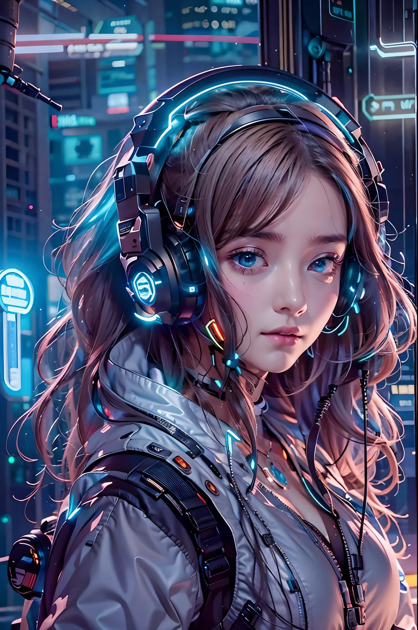 best quality，masterpiece，16k，1girl,blue eyes,breasts,brown hair,cyberpunk,glowing,headphones,long hair,realistic,Half exposed chest,Large area blue fluorescent material structure on the shoulders,The luminous mechanical structure below the side of the chest,Oblique side close-up,Gradient hair from black to pink,solo,upper body,Luminous earphones,Mechanical earphones,night,Mechanical neck protection with three-point light source,Urban background, neon lights, skyscrapers