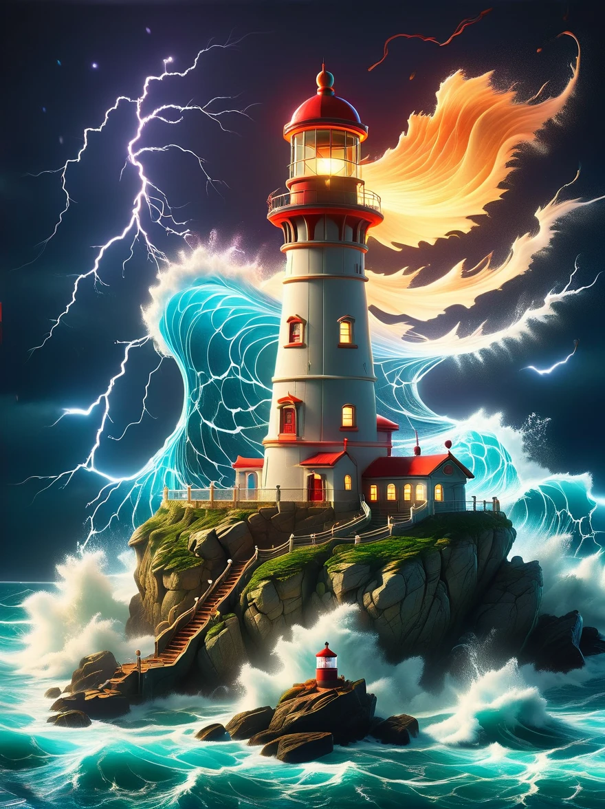 Lovely lighthouse made in Persian architectural style，dark night，strong wind，rainstorm，lightning，huge waves，cliff，(light on top of lighthouse:1.5)，3D style，lbender，Cute surface color，The strongest in the universe，Lead navigation，future technology，mechanical lighthouse，Studio Ghibli style，clean background，Simple