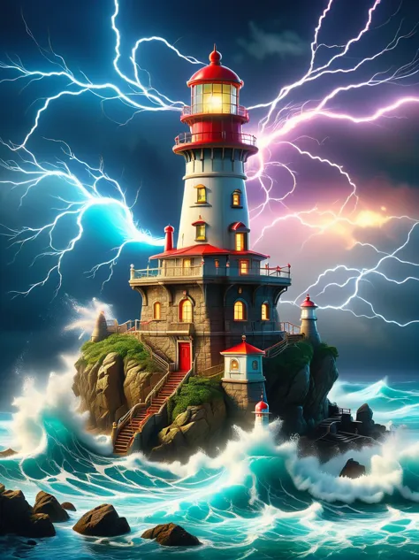 lovely lighthouse made in persian architectural style，dark night，strong wind，rainstorm，lightning，huge waves，cliff，(light on top ...