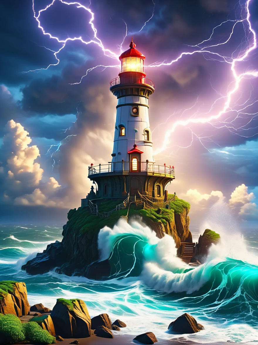 Lovely lighthouse made in Persian architectural style，dark night，strong wind，rainstorm，lightning，huge waves，cliff，(light on top of lighthouse:1.5)，3D style，lbender，Cute surface color，The strongest in the universe，Lead navigation，future technology，mechanical lighthouse，Studio Ghibli style，clean background，Simple