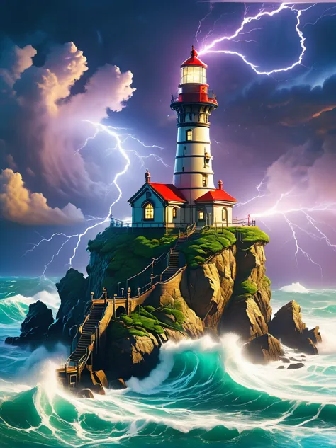 lovely lighthouse made in persian architectural style，dark night，strong wind，rainstorm，lightning，huge waves，cliff，(light on top ...