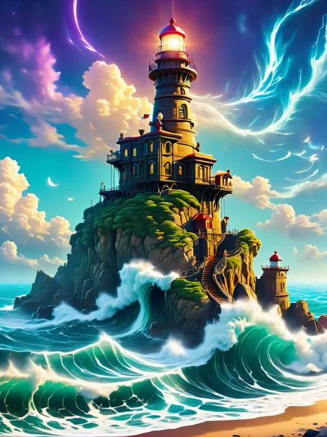 lovely lighthouse made in persian architectural style，dark night，huge waves，cliff，(light on top of lighthouse)，3d style，lbender，...