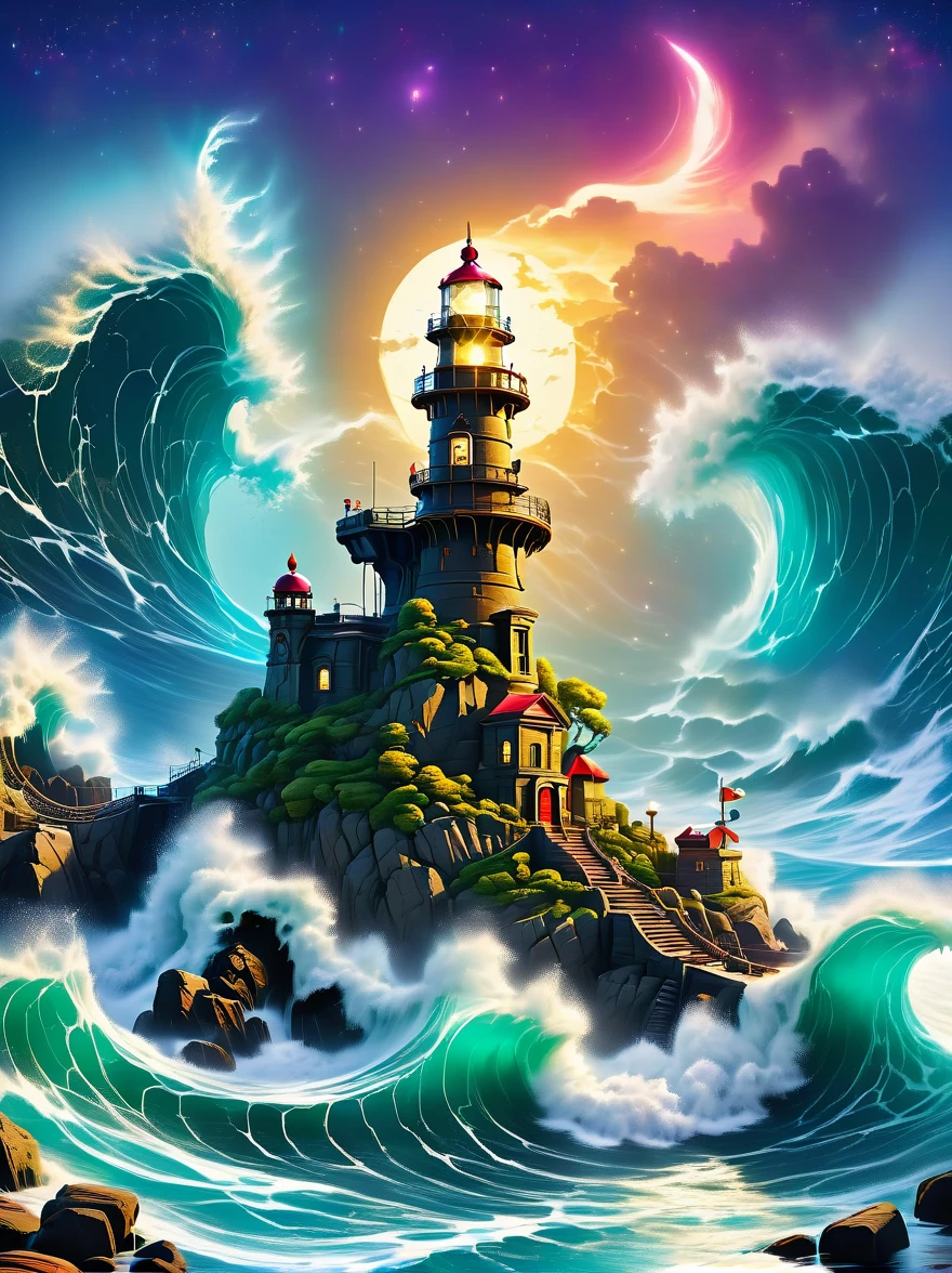 Lovely lighthouse made in Persian architectural style，dark night，huge waves，cliff，(light on top of lighthouse)，3D style，lbender，Cute surface color，The strongest in the universe，Lead navigation，future technology，mechanical lighthouse，Studio Ghibli style，clean background，Simple