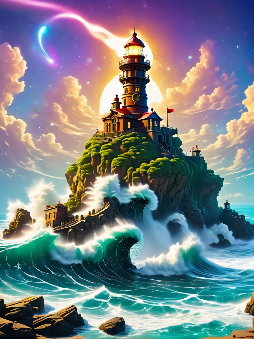 Lovely lighthouse made in Persian architectural style，dark night，huge waves，cliff，(light on top of lighthouse)，3D style，lbender，Cute surface color，The strongest in the universe，Lead navigation，future technology，mechanical lighthouse，Studio Ghibli style，clean background，Simple