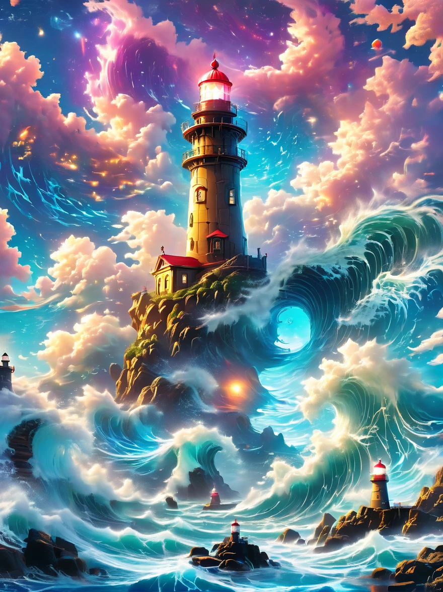 Lovely lighthouse made in Persian architectural style，dark night，huge waves，cliff，(light on top of lighthouse)，3D style，lbender，Cute surface color，The strongest in the universe，Lead navigation，future technology，mechanical lighthouse，Studio Ghibli style，clean background，Simple