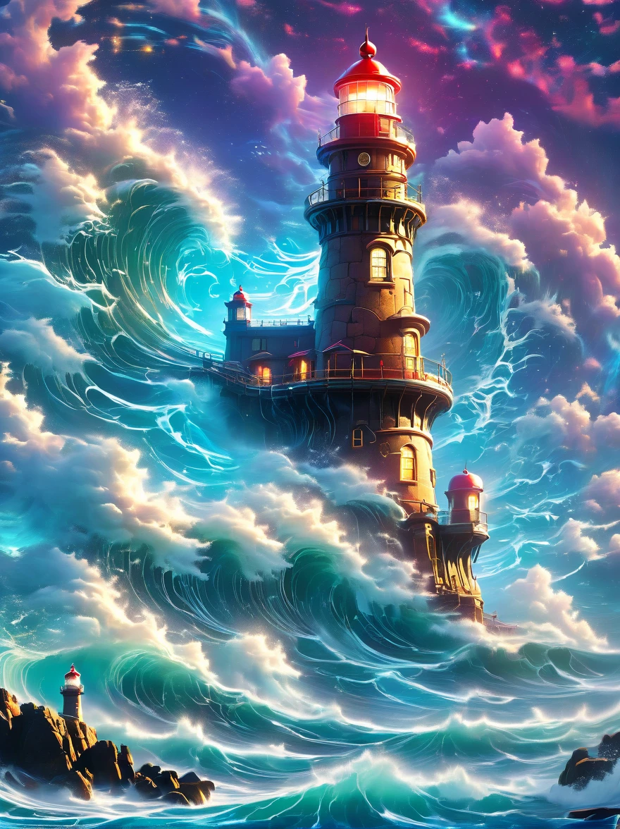 Lovely lighthouse made in Persian architectural style，dark night，huge waves，cliff，(light on top of lighthouse)，3D style，lbender，Cute surface color，The strongest in the universe，Lead navigation，future technology，mechanical lighthouse，Studio Ghibli style，clean background，Simple