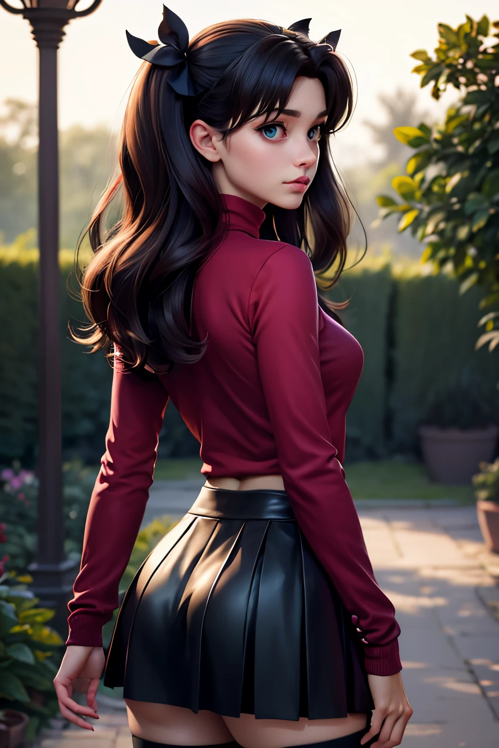 (Obra maestra), mejor calidad, ojos expresivos, cara perfecta, 1 chica, solo, rintohsaka, rin tohsaka, ojos aguamarina, pelo negro, hair cinta, pelo largo, cinta, cerraduras laterales, dos lados hacia arriba, black falda, black muslos, mangas largas, minifalda, pleated falda, ((red suéter)), falda, suéter, muslos, suéter tipo con cuello de tortuga, high detallado garden environment, ella de espaldas a nosotros, Vista trasera, Volver, Tiro de vuelta: 1.3), (foto realista, mejor calidad, detallado), (fondo de pantalla 8k), (iluminación cinematográfica, iluminación dramática) (enfoque nítido, Intrincado)