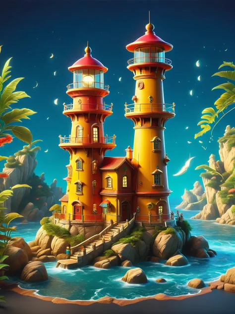 lovely lighthouse made in persian architectural style，3d style，lbender, cute surface color，the strongest in the universe，lead na...