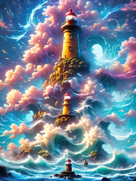 lovely lighthouse made in persian architectural style，dark night，huge waves，cliff，(light on top of lighthouse)，3d style，lbender，...