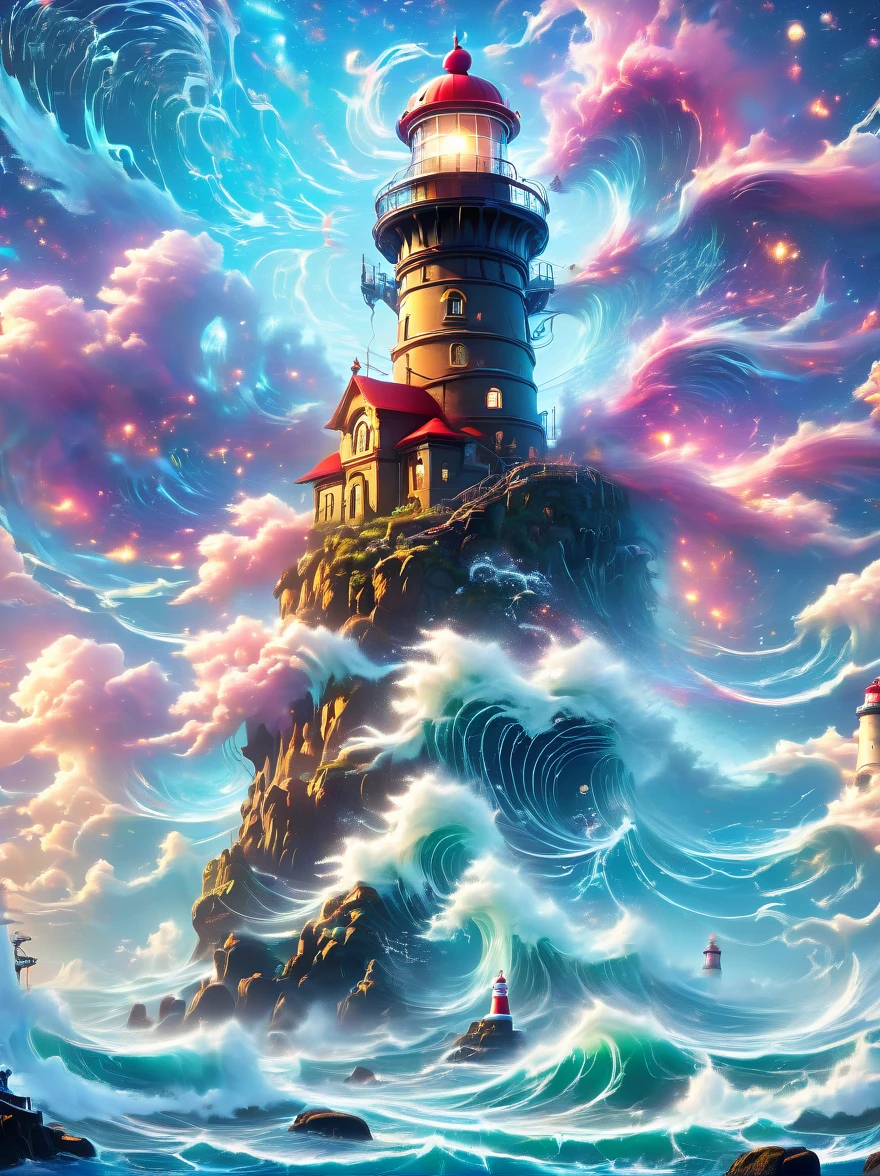 Lovely lighthouse made in Persian architectural style，dark night，huge waves，cliff，(light on top of lighthouse)，3D style，lbender，Cute surface color，The strongest in the universe，Lead navigation，future technology，mechanical lighthouse，Studio Ghibli style，clean background，Simple