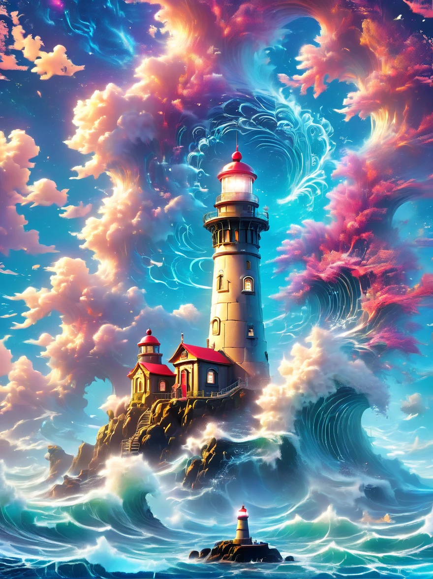 Lovely lighthouse made in Persian architectural style，dark night，huge waves，cliff，(light on top of lighthouse)，3D style，lbender，Cute surface color，The strongest in the universe，Lead navigation，future technology，mechanical lighthouse，Studio Ghibli style，clean background，Simple