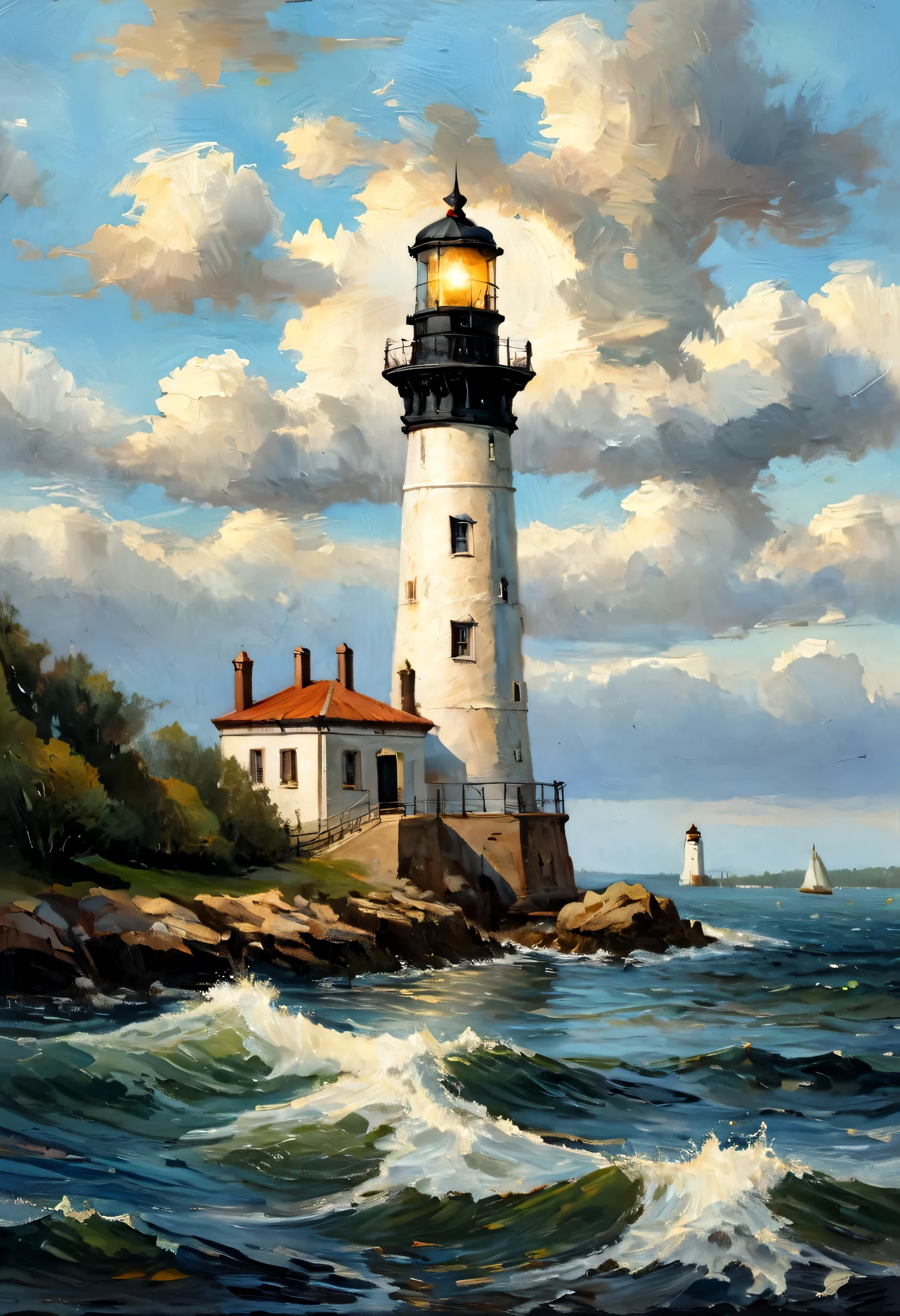 lighthouse seen from the sea,lighthouse seen from a boat,Landscape painting,border between day and night,Lighthouse Lights,sense of security,rendering,paintings painted by masters,masterpiece,oil,small details,intricate details