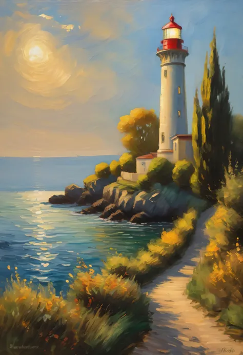 lighthouse seen from the sea,lighthouse seen from a boat,Landscape painting,border between day and night,Lighthouse Lights,sense...