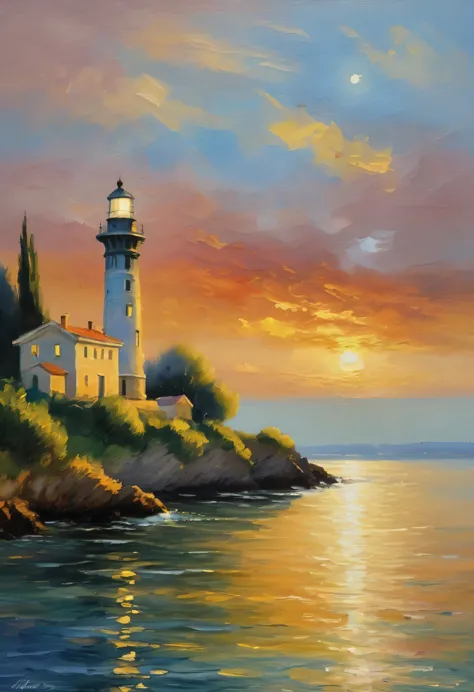 lighthouse seen from the sea,lighthouse seen from a boat,Landscape painting,border between day and night,Lighthouse Lights,sense...