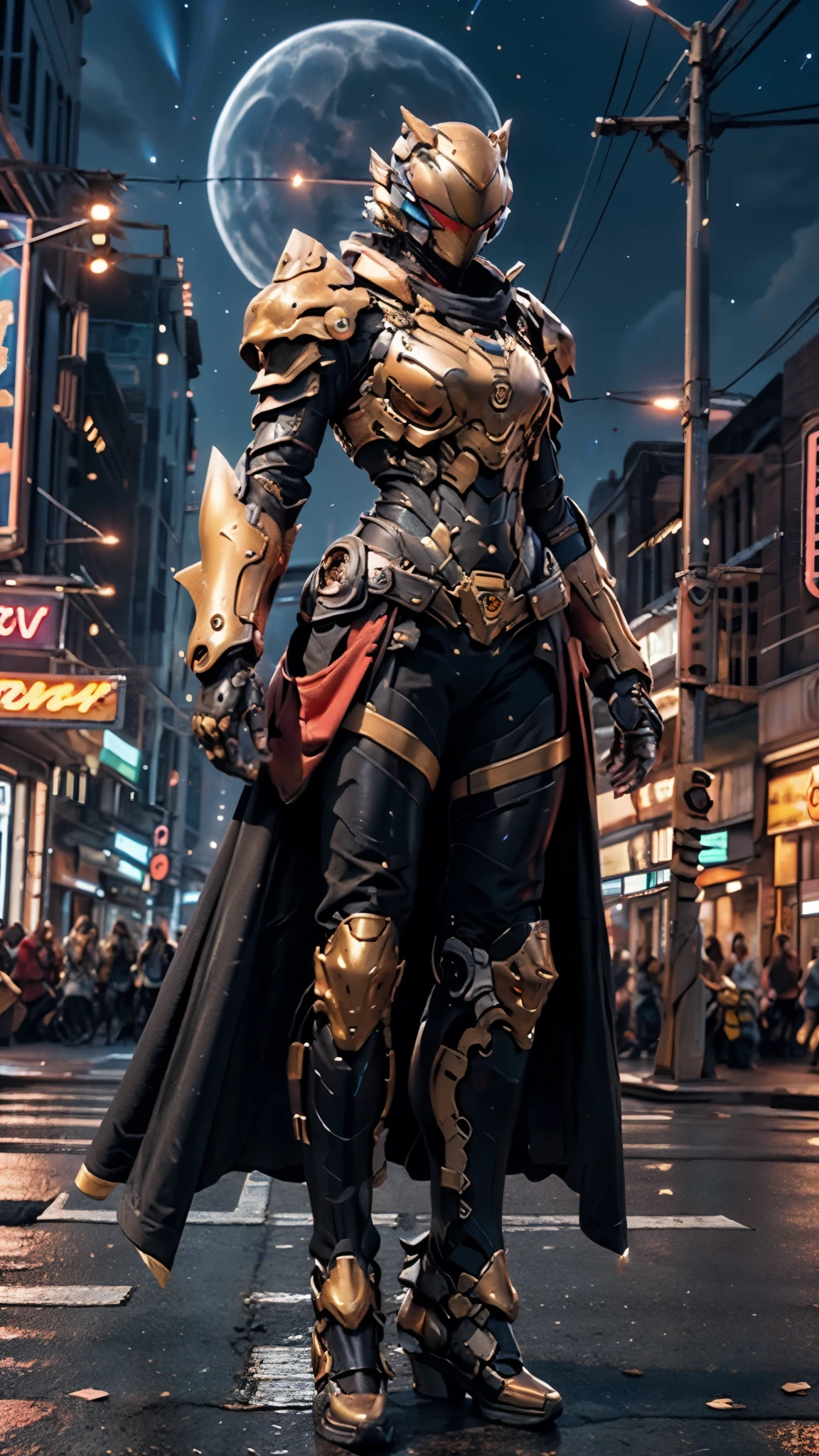 A woman adorned in fantasy-style full-body armor, a crown-concept fully enclosed helmet that unveils only her eyes, a composite layered chest plate, fully encompassing shoulder and hand guards, a lightweight waist armor, form-fitting shin guards, the overall design is heavy-duty yet flexible, ((the armor gleams with a golden glow, complemented by red and blue accents)), exhibiting a noble aura, she floats above a fantasy-surreal high-tech city, this character embodies a finely crafted fantasy-surreal style armored hero in anime style, exquisite and mature manga art style, (Queen bee mixed with Spider concept Armor, Central America woman), ((night sky, city night view, elegant, goddess, femminine:1.5)), metallic, high definition, best quality, highres, ultra-detailed, ultra-fine painting, extremely delicate, professional, anatomically correct, symmetrical face, extremely detailed eyes and face, high quality eyes, creativity, RAW photo, UHD, 32k, Natural light, cinematic lighting, masterpiece-anatomy-perfect, masterpiece:1.5