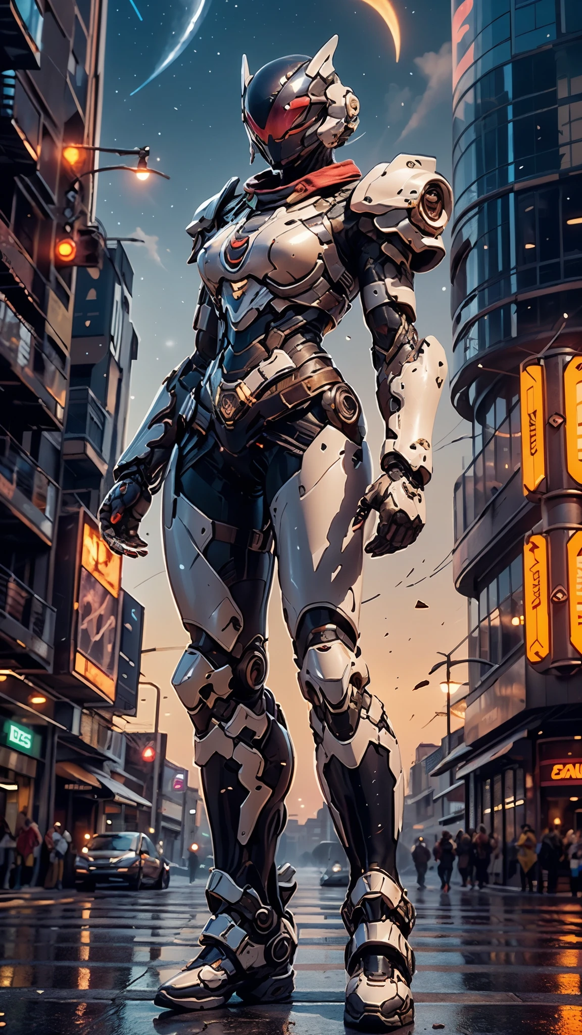 A woman adorned in fantasy-style full-body armor, a crown-concept fully enclosed helmet that unveils only her eyes, a composite layered chest plate, fully encompassing shoulder and hand guards, a lightweight waist armor, form-fitting shin guards, the overall design is heavy-duty yet flexible, ((the armor gleams with a golden glow, complemented by red and blue accents)), exhibiting a noble aura, she floats above a fantasy-surreal high-tech city, this character embodies a finely crafted fantasy-surreal style armored hero in anime style, exquisite and mature manga art style, (Queen bee mixed with Spider concept Armor, Central America woman), ((night sky, city night view, elegant, goddess, femminine:1.5)), metallic, high definition, best quality, highres, ultra-detailed, ultra-fine painting, extremely delicate, professional, anatomically correct, symmetrical face, extremely detailed eyes and face, high quality eyes, creativity, RAW photo, UHD, 32k, Natural light, cinematic lighting, masterpiece-anatomy-perfect, masterpiece:1.5