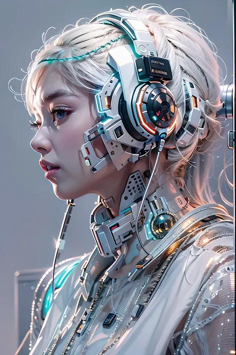best quality，masterpiece，16k，1girl,Cyberpunk,headset,Mechanical earphones,Luminous earphones,Mechanical necklace,Mechanical earp...