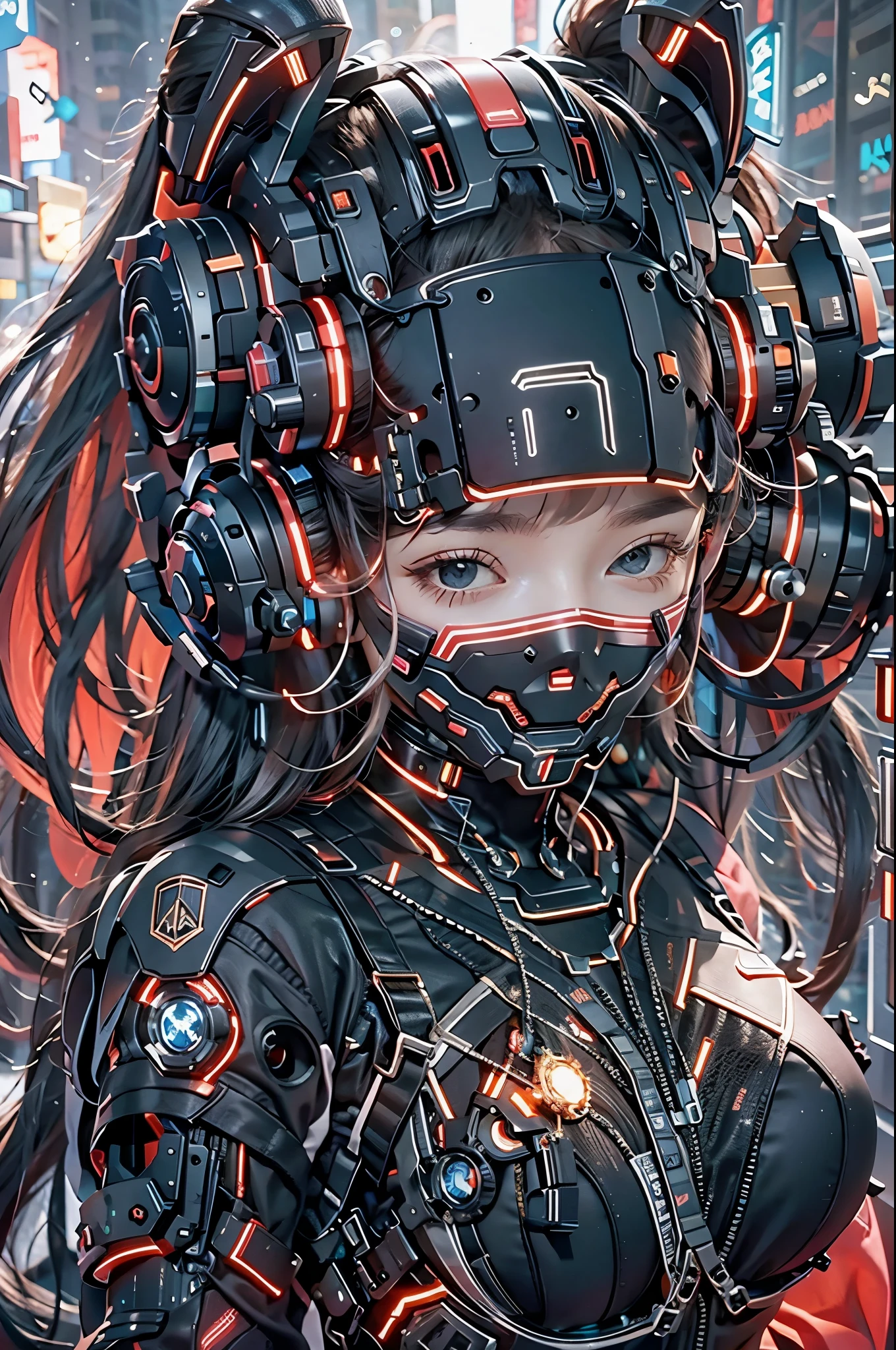 best quality，masterpiece，16k，1girl,Cyberpunk,headset,Mechanical earphones,Luminous earphones,Fragmented mechanical jewelry,Technological background,Positive close-up,Robot arm,The mechanical structure of the earpiece resembling a handgun,Slightly exposed chest,Multi light source earphones,Earphones with super complex mechanical structures,Multi light source neck protection,Emit red light,Strange shaped mechanical earphones,Super complex mechanical earphones,Black mechanical armor,Full body multiple light source points,Urban background,Multi light source background,skyscraper,night
